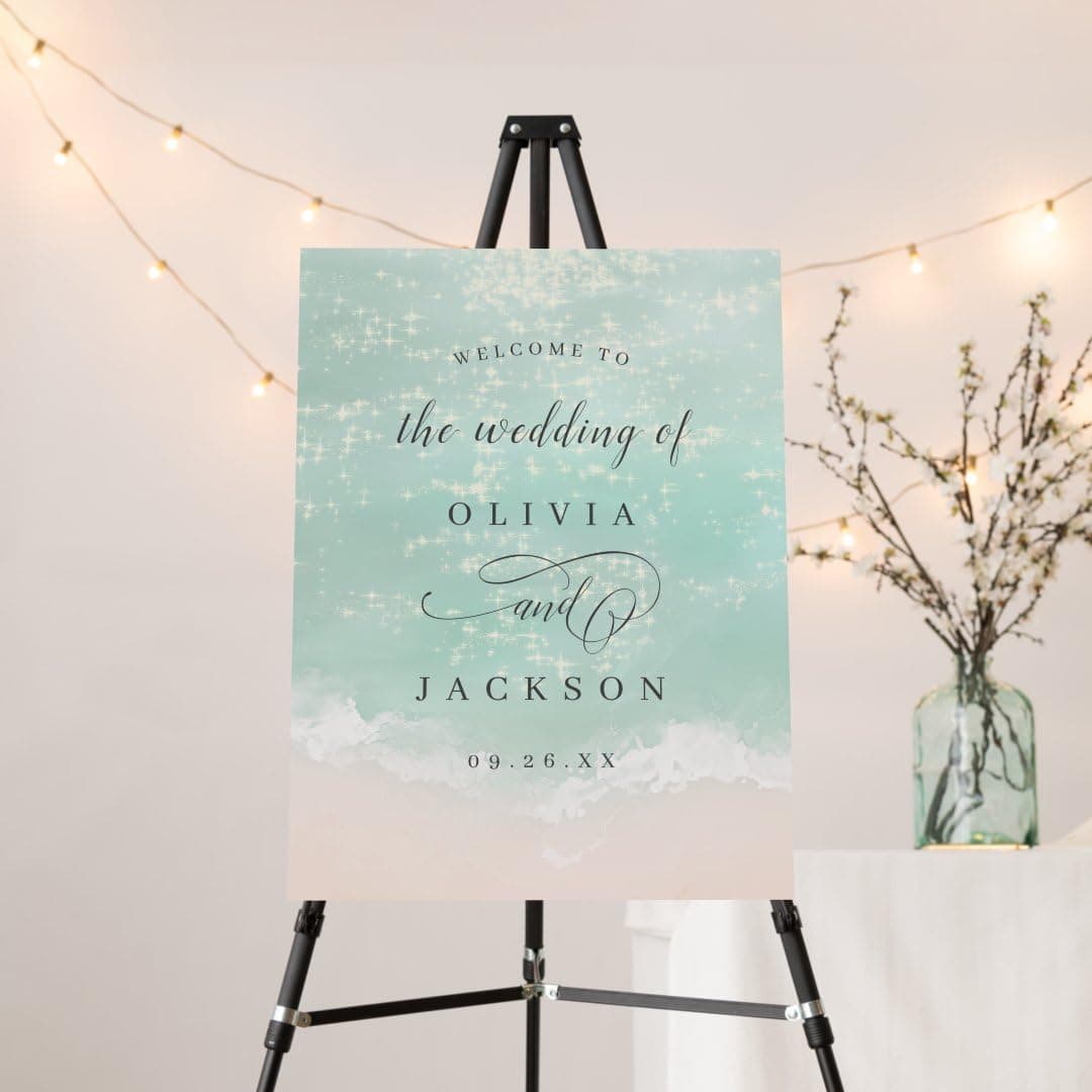 Elegant Sparkling Ocean Beach Wedding Sign, Personalized Beach Theme Wedding Welcome Sign, Editable Summer Ocean Welcome Poster, Blue Sea Party Decoration, Printable Welcome Sign Board