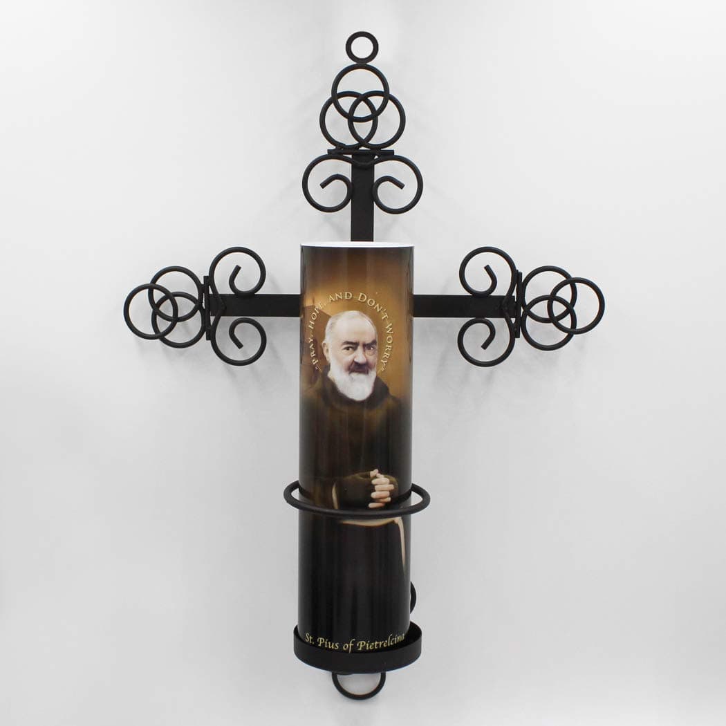 Padre Pio LED Flameless Devotional Candle with Trinity Wall Sconce