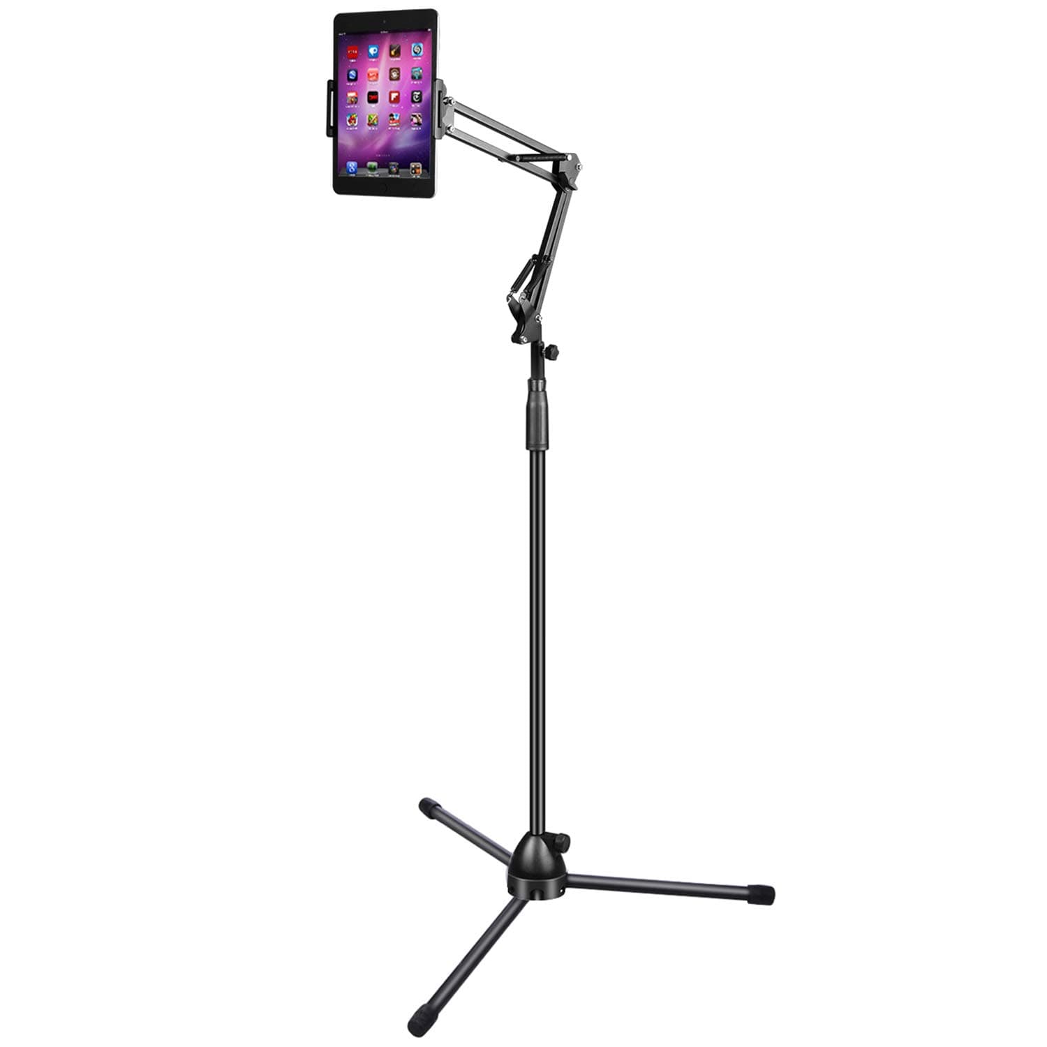 Tripod Smartphone Tablet Floor Stand, Adjustable Cell Phone Stand with Long Arm, Compatible Lamp Design Standing Holder for 4"-10" Device, Maximum Height 75”, Black