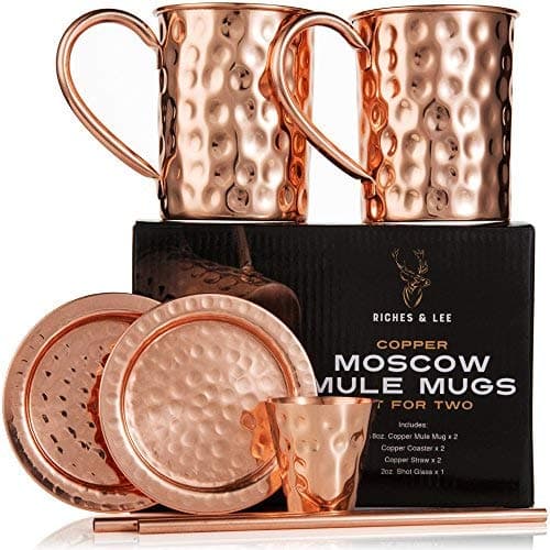 Moscow Mule Copper Mugs: Set of Two - Includes 2 x 16oz Mugs, 2 x Coasters, 2 x Straws, 1 x Shot Glass/Cup in Gift Box - 100% Copper - Roosevelt Style Drinking Mug