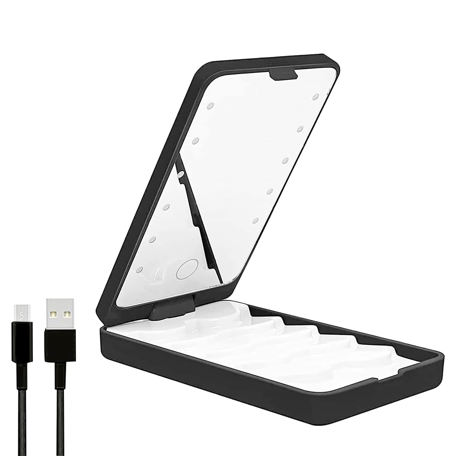 Eyelash Storage Case, AREMOD LED Lash Mirror Rechargeable Eyelash Holder False Lash Organizers and Storage Box Empty with Light Travel Cosmetic Container for Makeup(Black)