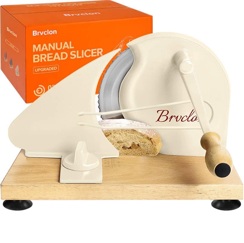 Brvclon Manual Bread Slicer Adjustable Thickness, Hand Crank Bread Slicer for Homemade Sourdough Bread with Scale Line & Suction Cup & Metal Guide,Quality Solid Wood Base & Gift-Level Packaging