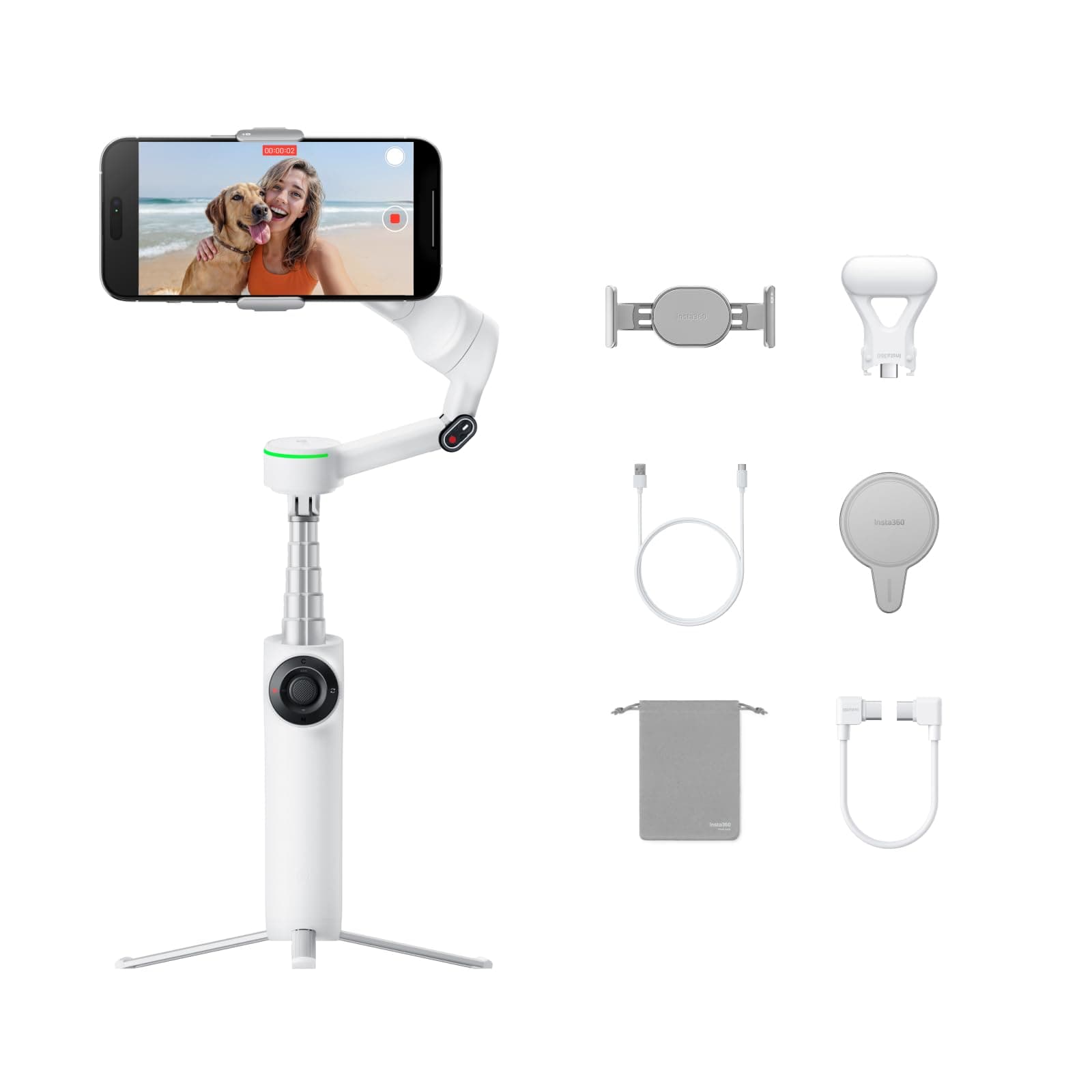 Flow 2 Pro Creator Bundle White - Foldable AI Phone Gimbal, Apple DockKit, 360º Pan Tracking, Free Tilt Mode, Built-In Tripod/Selfie Stick, Portable Vlog/Travel Stabilizer, Spotlight, MagSafe
