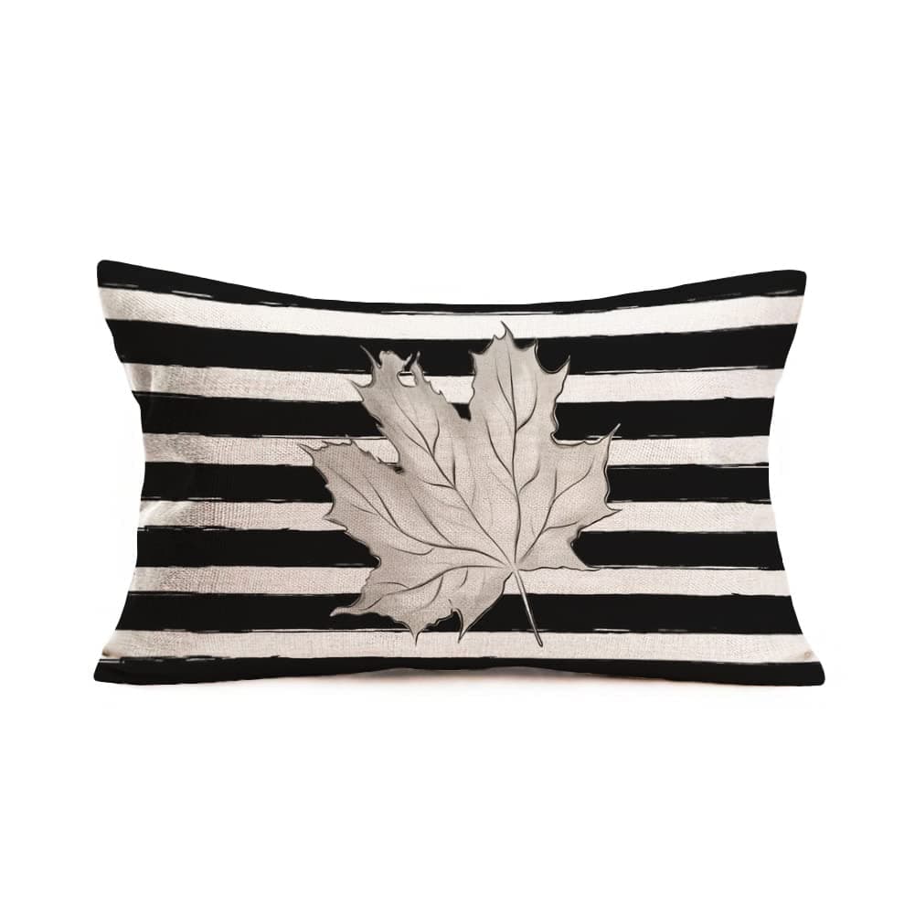 Fall Maple Leaf Lumbar Pillow Covers 12x20 Inch Black White Stripes with Grey Leaves Decorations Thanksgiving Autumn Farmhouse Seasonal Outdoor Decor Cushion Case for Sofa Couch