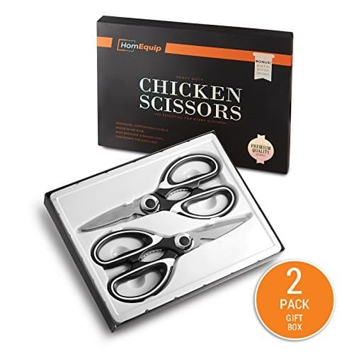 2 Heavy Duty Kitchen Shears - Ultra Sharp Multi Purpose Utility Scissors For Fish, Poultry and Meat With Nut Cracker and Bottle Opener - Gift Box Packaging - By HomEquip