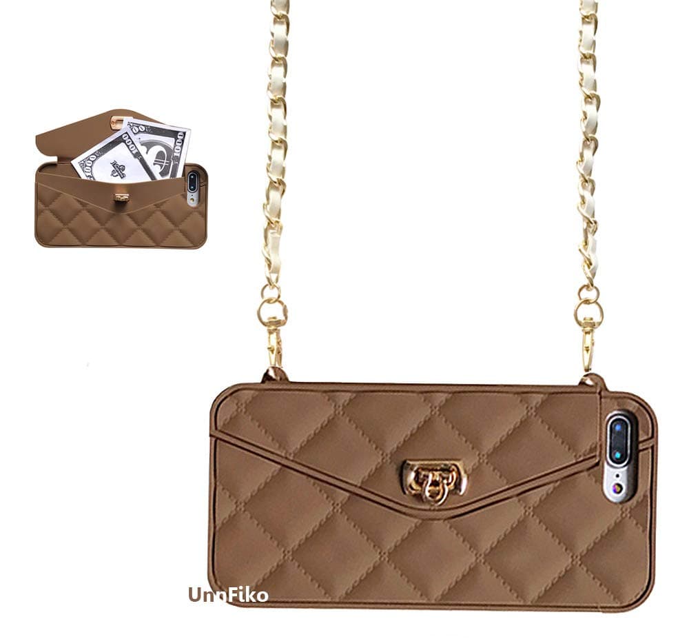 UnnFiko Wallet Case Compatible with iPhone XR, Cute Light Luxury Bag Design, Purse Flip Card Pouch Cover Soft Silicone Case with Handstrap Long Shoulder Strap (Brown, iPhone XR)