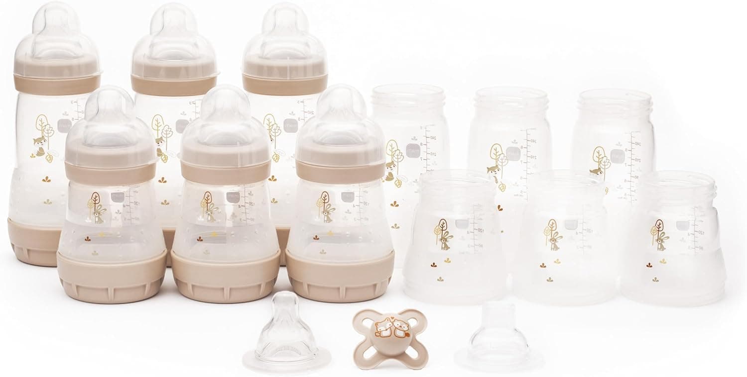 MAM Easy Start Anti-Colic Bottle Starter Set | Includes Components for 6X Bottles & MAM Original Start 0-2 Month Soother | Baby Gift Set of Newborn Essentials | Large (Various Designs)