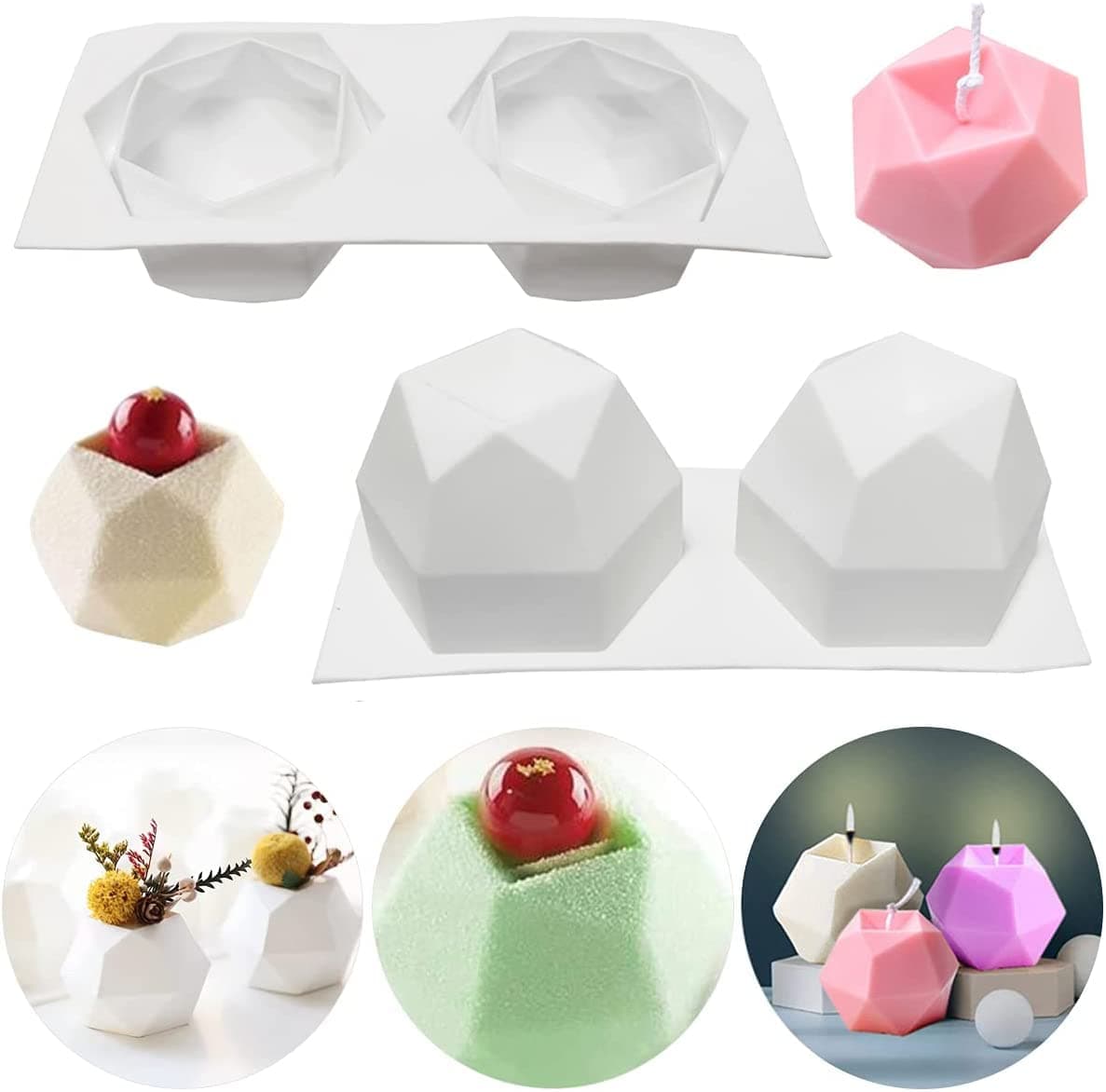2-Cavity Diamond Cube Candle Moulds for Candle Making Soap Mold Eight-Sided Shape Cake Decorations Geometric Chocolate Candy Fondant Baking Mould for Valentine's Day Wedding Gift Sugarcraft DIY