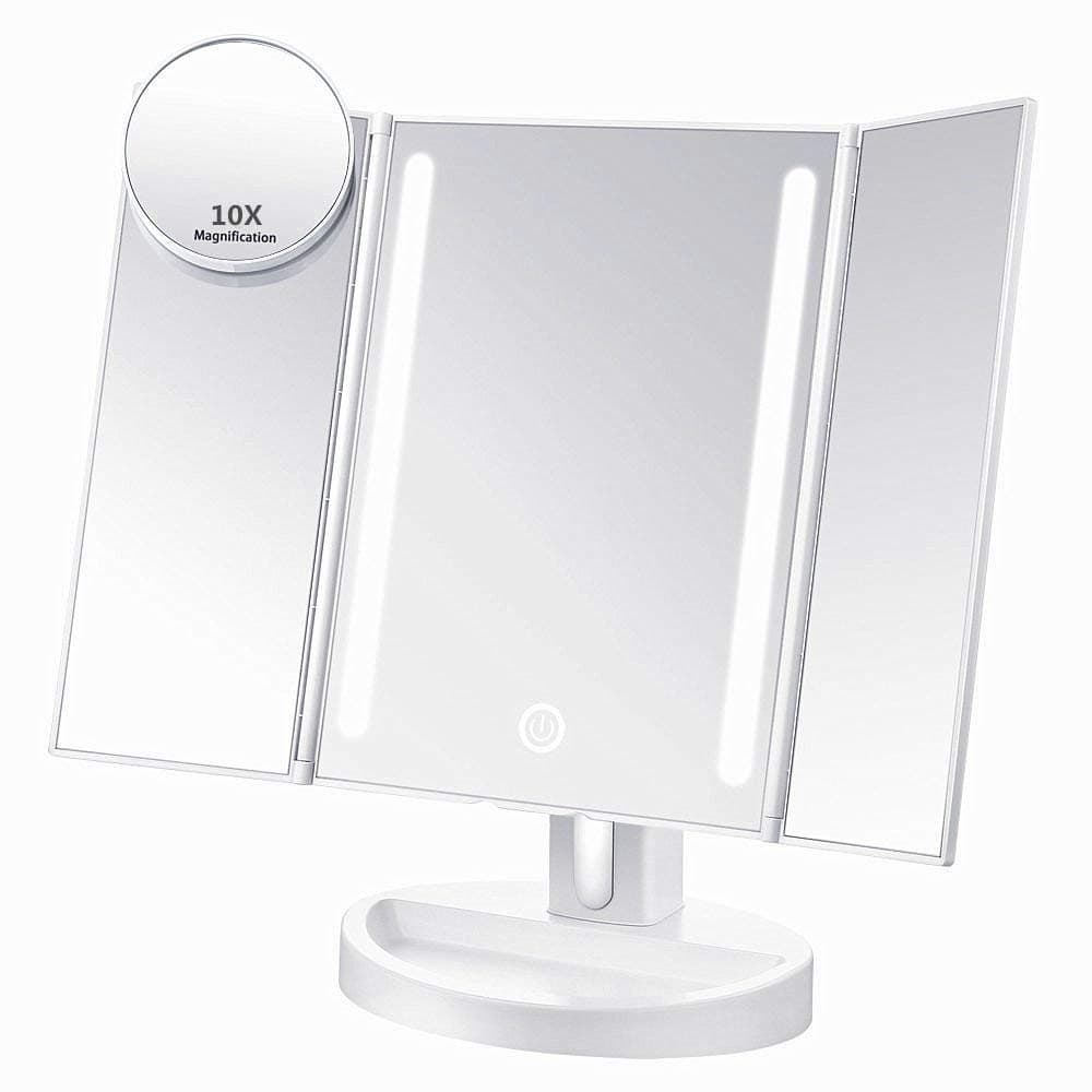 LEJU Makeup Mirror/Natural Daylight Lighted Vanity Mirror with Touch Screen Dimming, Detachable 10X Magnification Spot Mirror, Two Power Supply Mode (White)