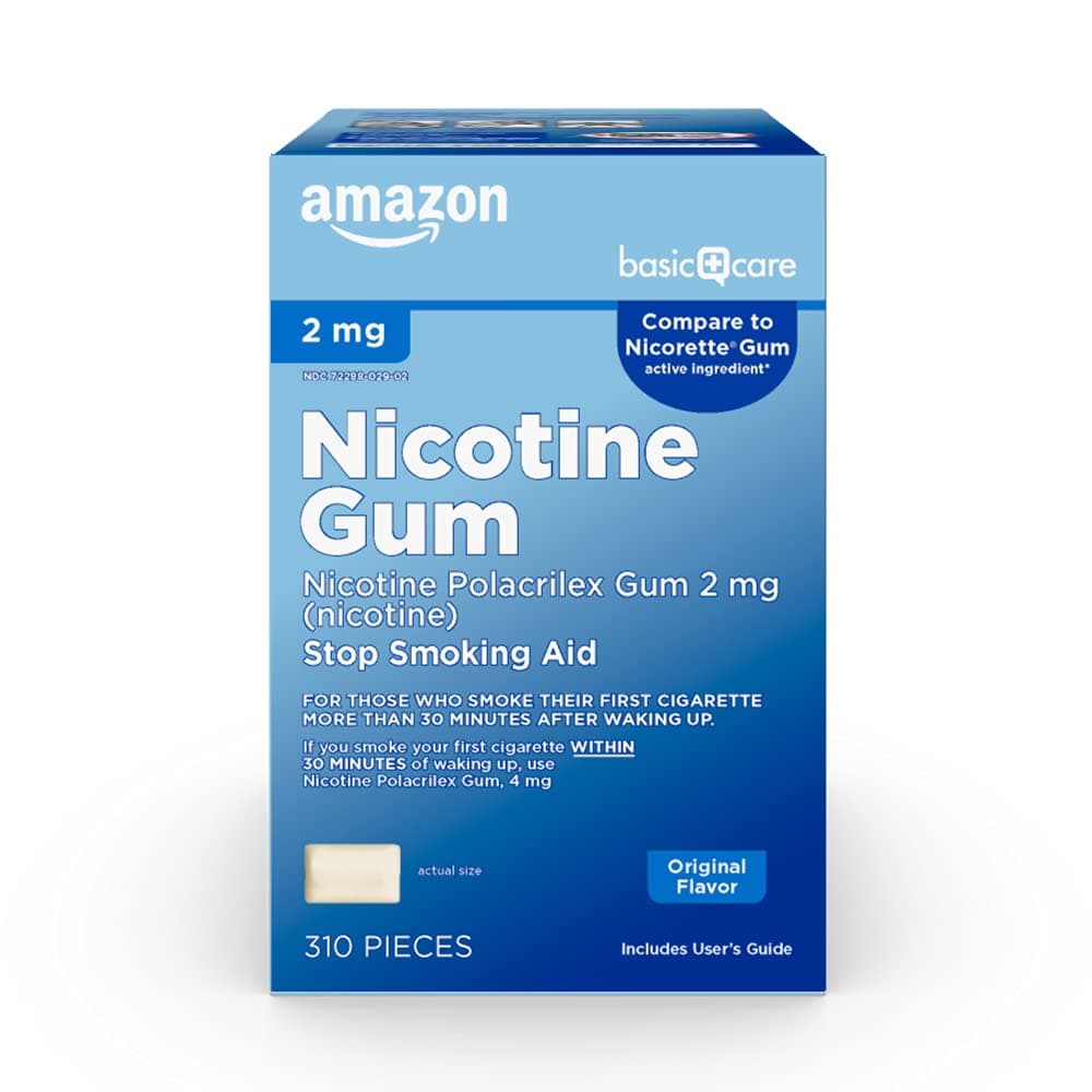 Amazon Basic Care Uncoated Nicotine Polacrilex Gum 2 mg, Original Flavor, Stop Smoking Aid, Reduces Withdrawal Symptoms, 310 Count