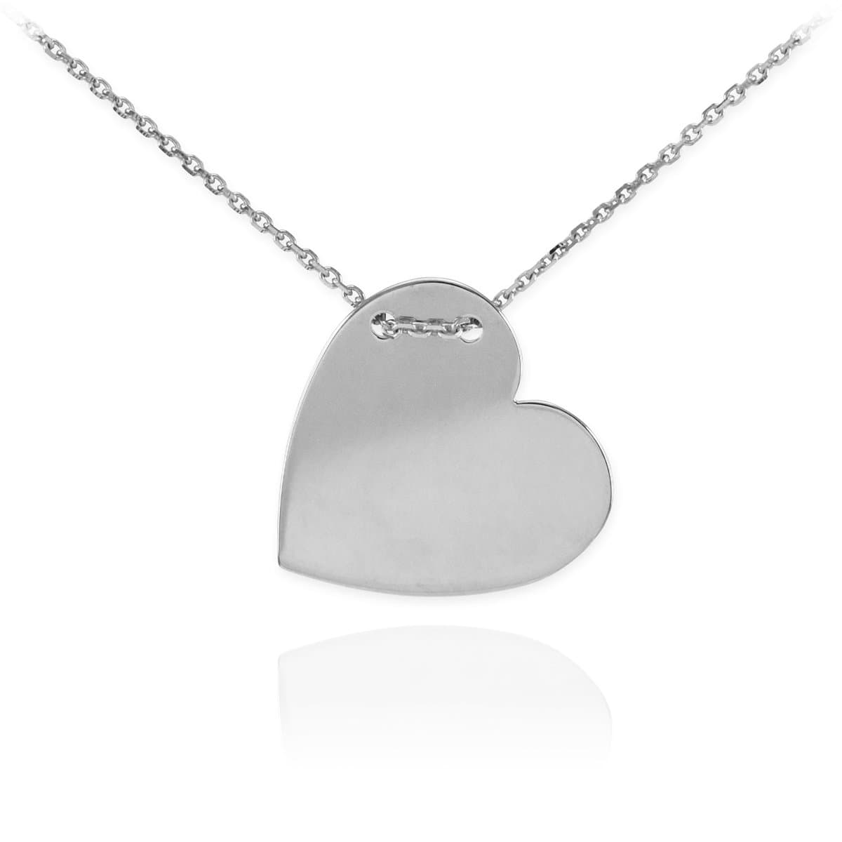 High Polish 14k White Gold Personalized Custom Engravable Flat Sideways Heart Necklace, 22"