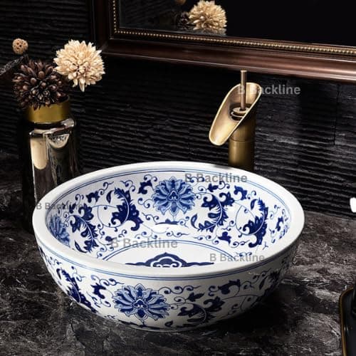 Table Top Ceramic Designer Wash Basin Premium Counter Top/Over Counter Wash Basin Table Top/Vessel Sink For Bathroom & Living Room 16 X 16 X 6 Inches (Blue White)