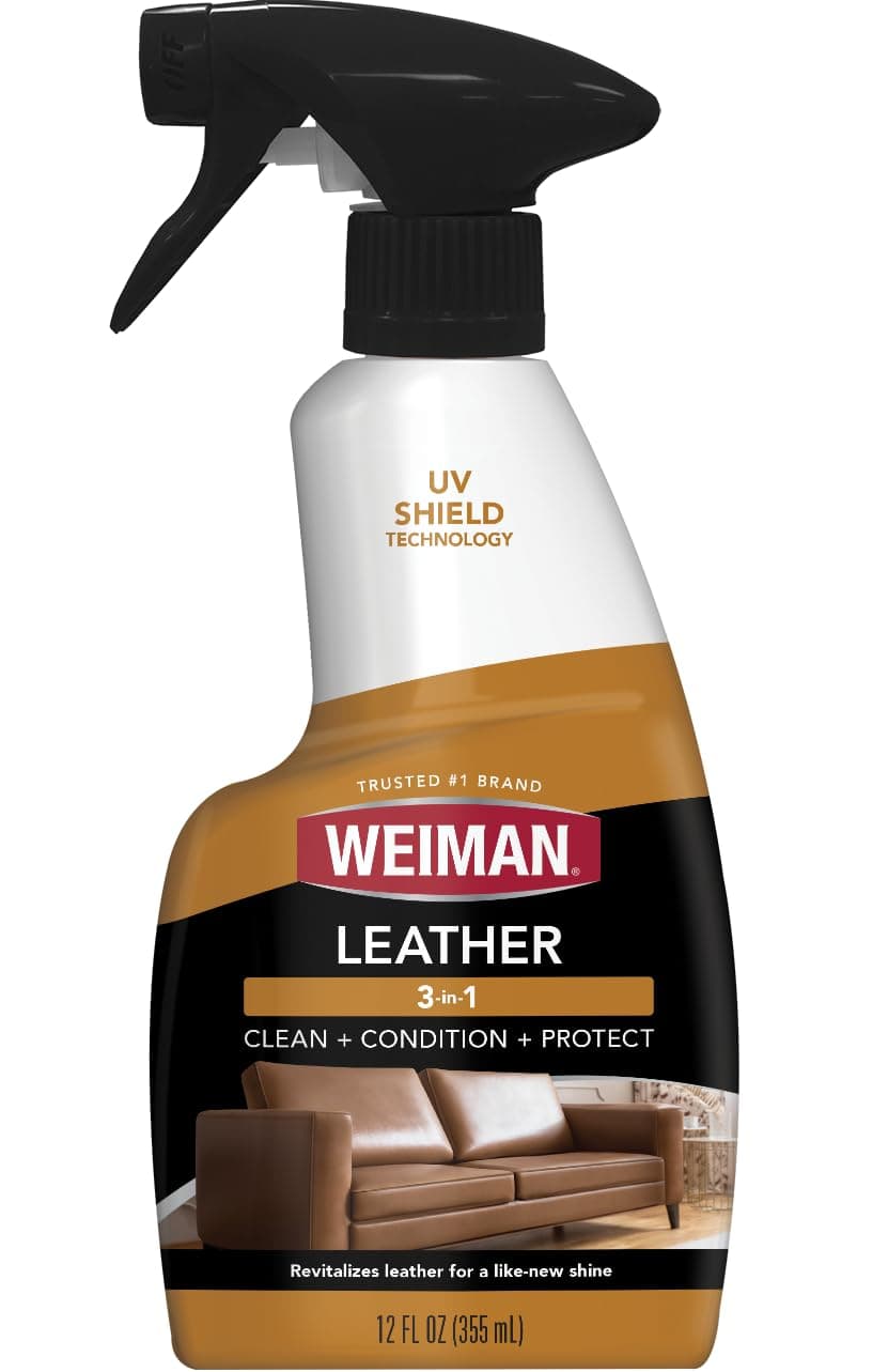 Weiman Leather Cleaner & Conditioner - Cleans, Restores & Protects Leather, UV Protection Prevent Cracking & Fading, For Car Seats, Sofas, Shoes, Bags & All Finished Leather Surfaces, 1 Pack, 12 Fl Oz