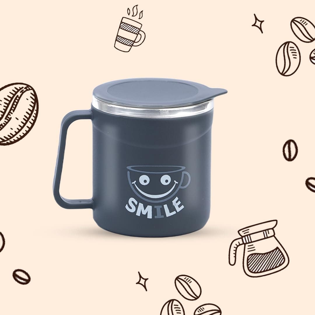 Attro Happy Mug Comes with Double Wall Inner Stainless Still & Lid Stylish Cup Ideal for Hot Coffee, Tea - Grey - Plastic, 300 Ml