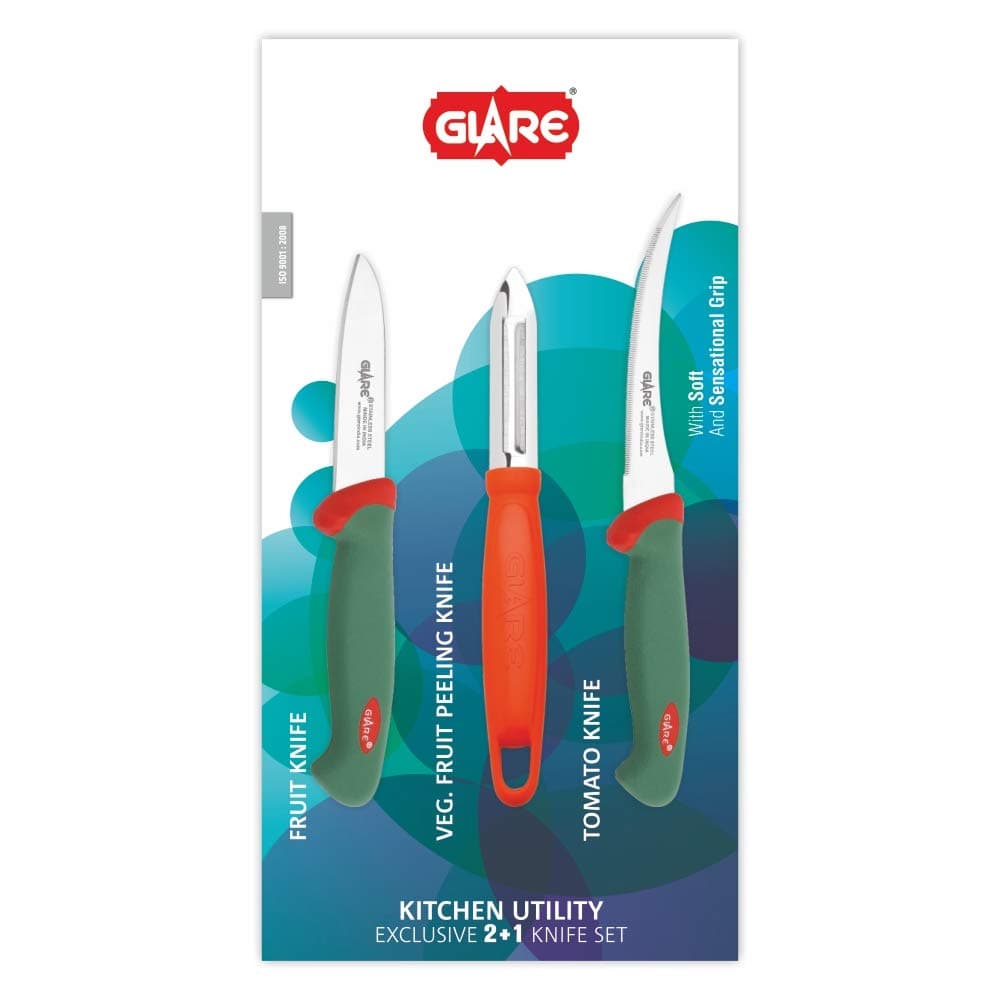 Glare Kitchen - Utility (Exclusive 2 + 1 Pcs. Knife Set) - Stainless Steel, Green