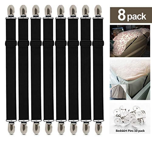 Absofine Bed Sheet Fasteners Suspenders 8 pcs Adjustable Bed Sheet Corner Holder with 10 pcs Twist Pins Inside for Holding Your Bed Sheet, Black
