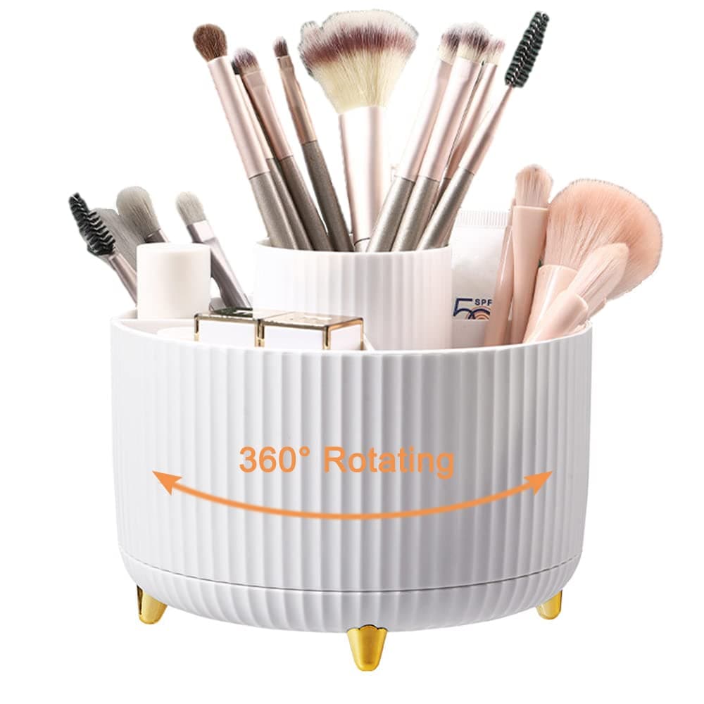 360° Rotating Makeup Organiser, Creative Makeup Brush Holder with 5 Compartments, Desk Tidy Organiser Pencil Holder for Dresser, Bedroom, Bathroom, Office(White)