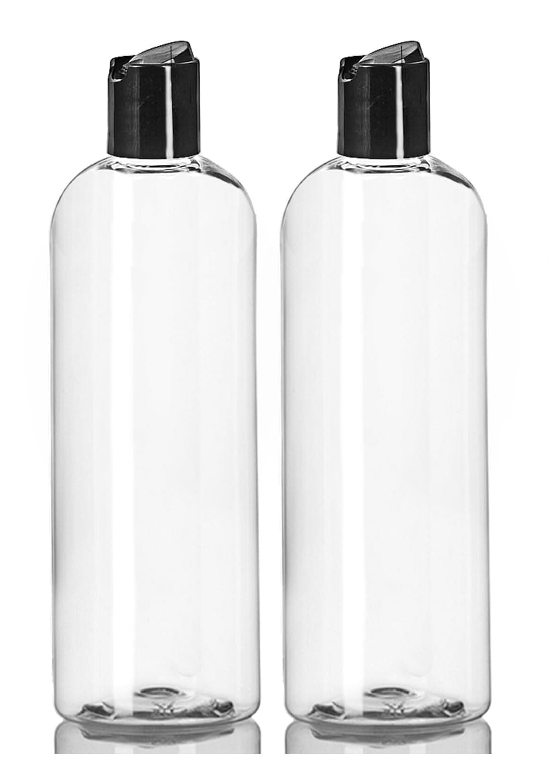 ljdeals 16 oz Clear Plastic Empty Bottles with Black Disc Top Caps, Squeezable Refillable Containers for Shampoo, Lotions, Cream and more Pack of 2, BPA Free, Made in USA