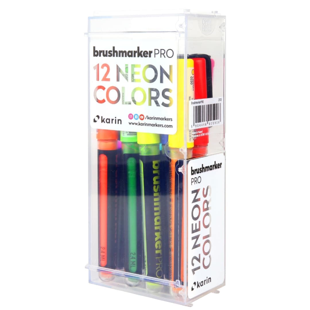 Brushmarker Pro 12pc Neon brush tip markers Set, Blendable, Water-Based, Professional Grade Brush Markers for Adults and Artists, 12 Neon Colors, Adult Markers for Coloring Books and more