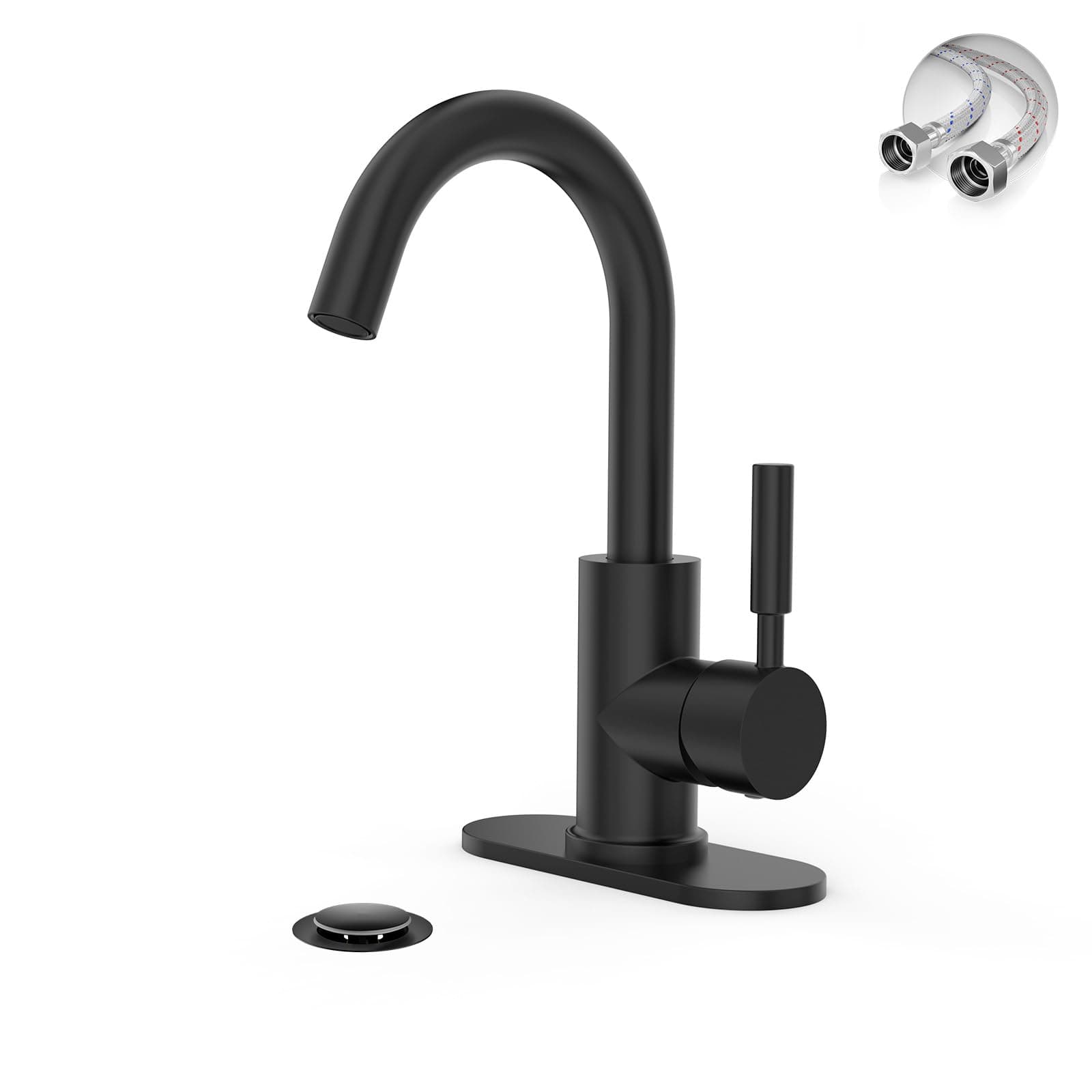Phiestina Single Hole Matte Black Single-Handle High-Arc Stainless Steel Faucet for Pre-Kitchen Sink/Bar Sink/Bathroom Sink, with 4 Inch Deck Plate and Supply Hoses, Matte Black, WE08E-MB