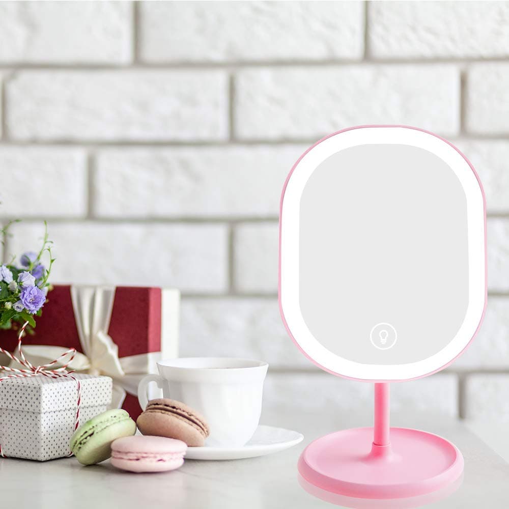 Lighted Makeup Mirror, Portable Desk Vanity Mirror with Lights,Brightness Adjustable & Built-in Large Capacity 1000mAh Rechargeable (Pink)