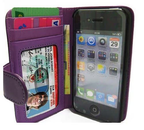 Hanicase Apple iPhone 4 4G & iPhone 4S Purple Executive Specially Designed Leather Book Wallet Case With Credit Card/Business Card Holder