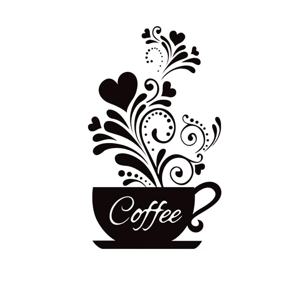 Sitake Coffee Cup and Flower Wall Decor Sticker, Black Kitchen Sign for Bar and Station, 11.8 x 18.9 Inch