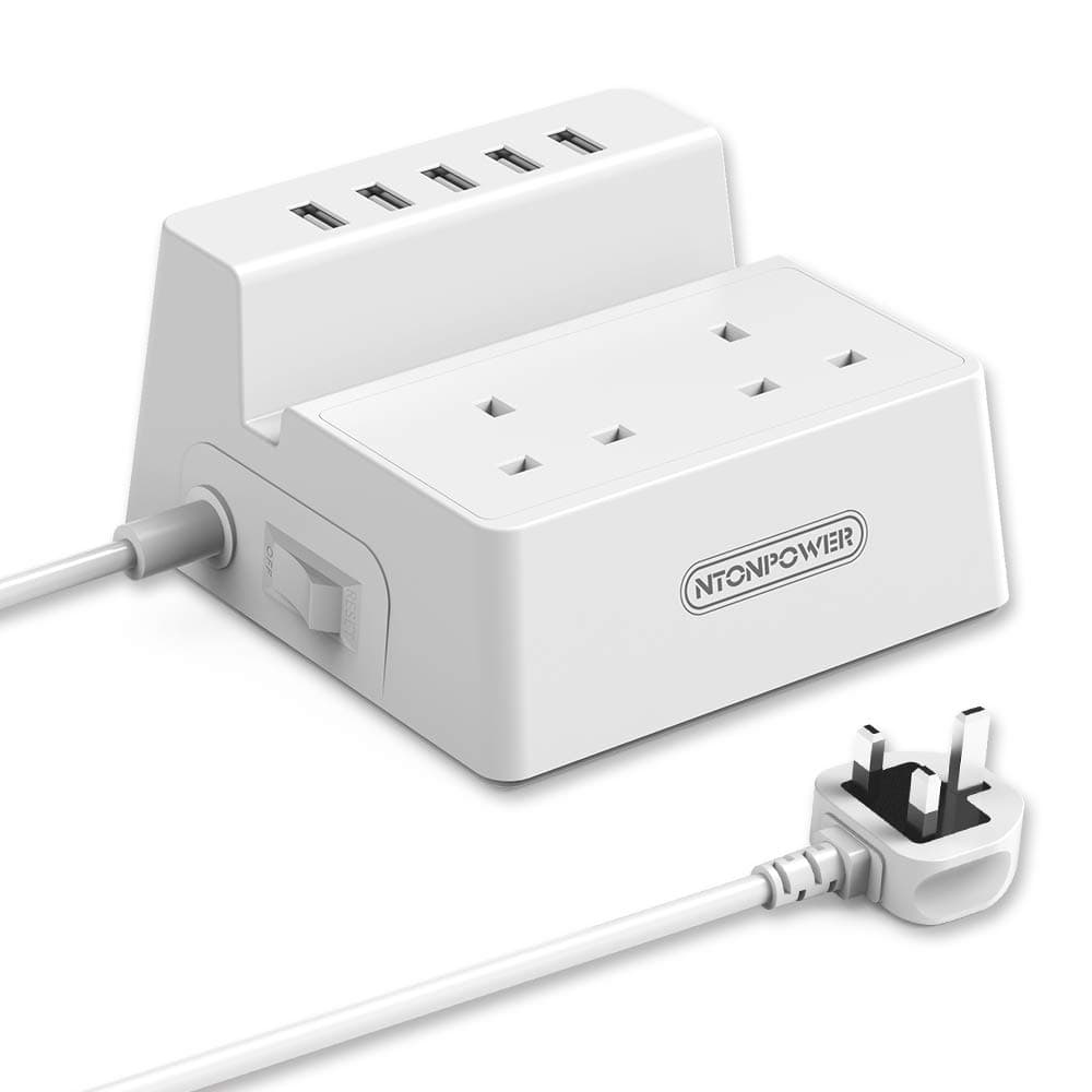 2 Way Extension Lead with 5 USB Sockets Switched Power Strip Desktop Electric Plug USB Charger- White