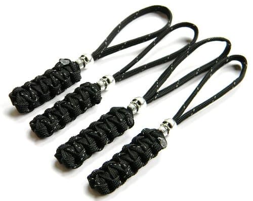 4 Reflective Black Paracord Zipper Pulls or Knife Lanyards With Skull Alloy Bead