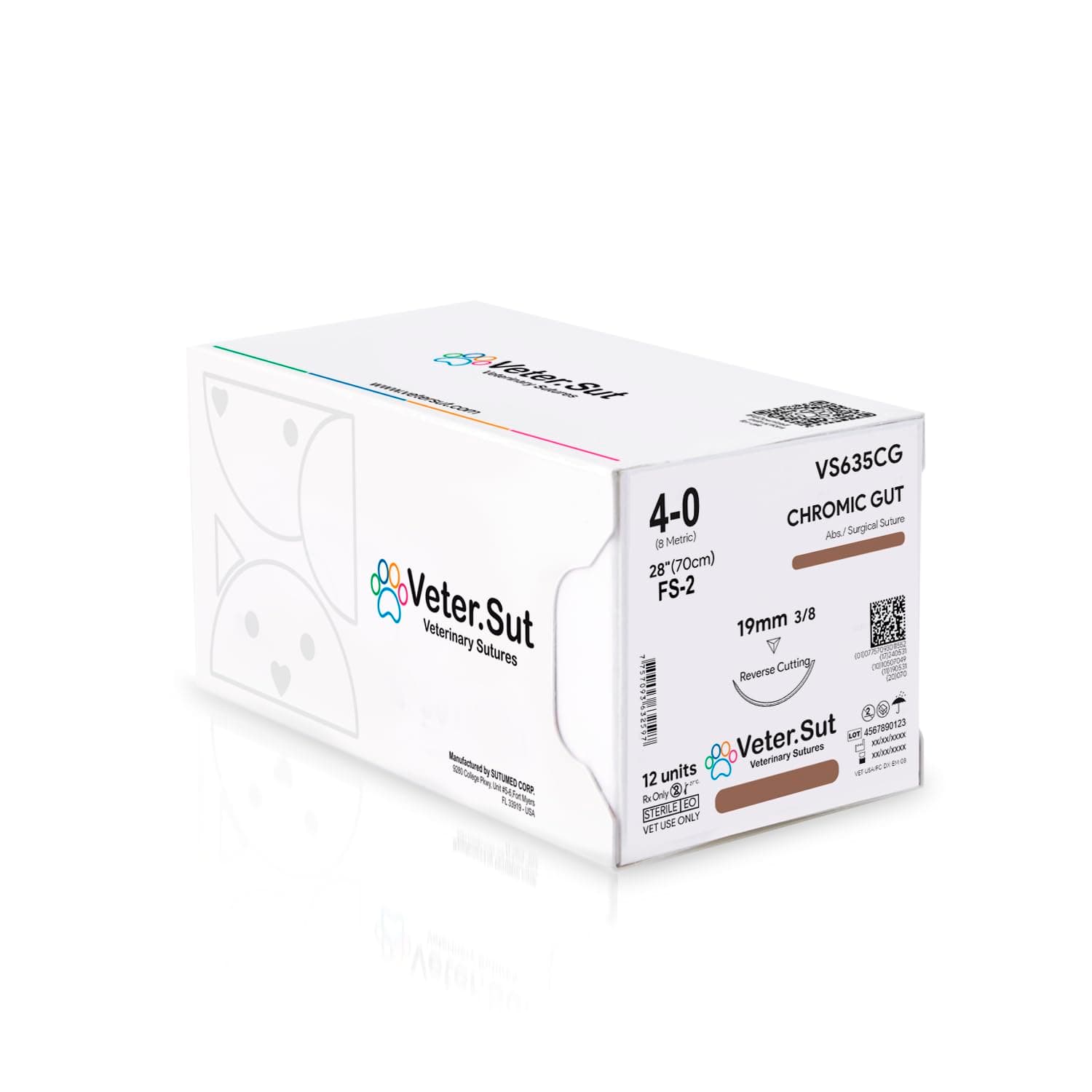 VeterSut CHROMIC Gut Absorbable Surgical Suture USP Size 4-0, (FS-2) 3/8 19mm Reverse Cutting Needle, 28 Inches (70 cm), 12 Count, Veterinary Use