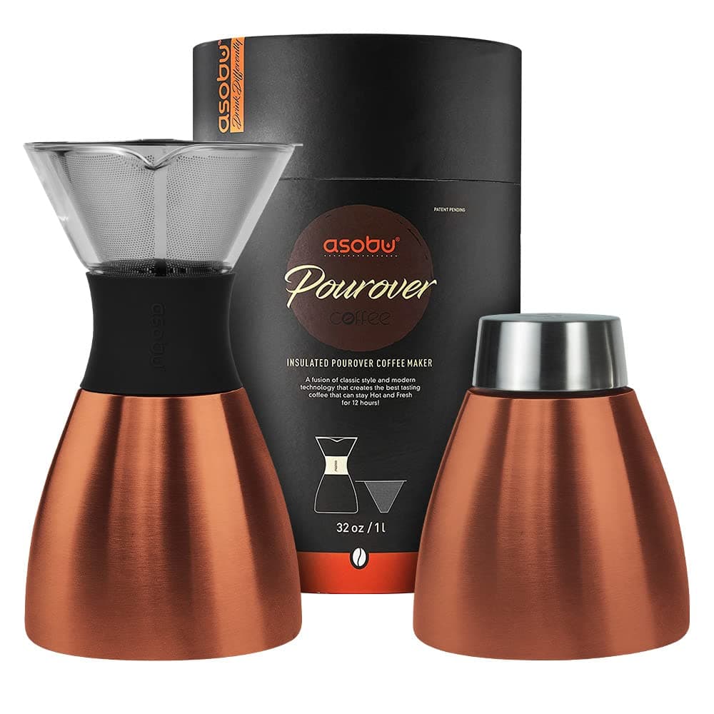 Insulated Pour Over Coffee Maker (32 oz.) Double-Wall Vacuum, Stainless-Steel Filter and Take on the Go Carafe (Copper)