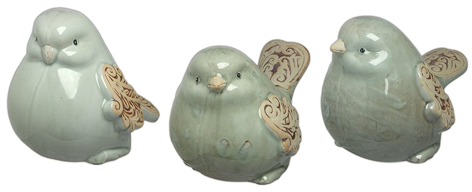 Scroll Wing Light Blue Ceramic Bird Sculptures Set of 3