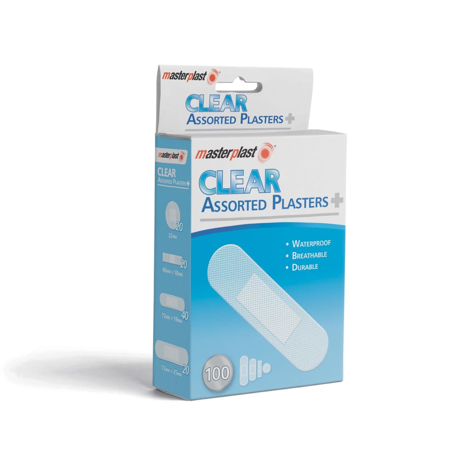 Masterplast Clear Assorted Plasters 100 Pack | Waterproof Plasters | Breathable Durable Transparent | 4 Sizes 22mm, 40mm x 10mm, 72mm x 19mm, 72mm x 25mm