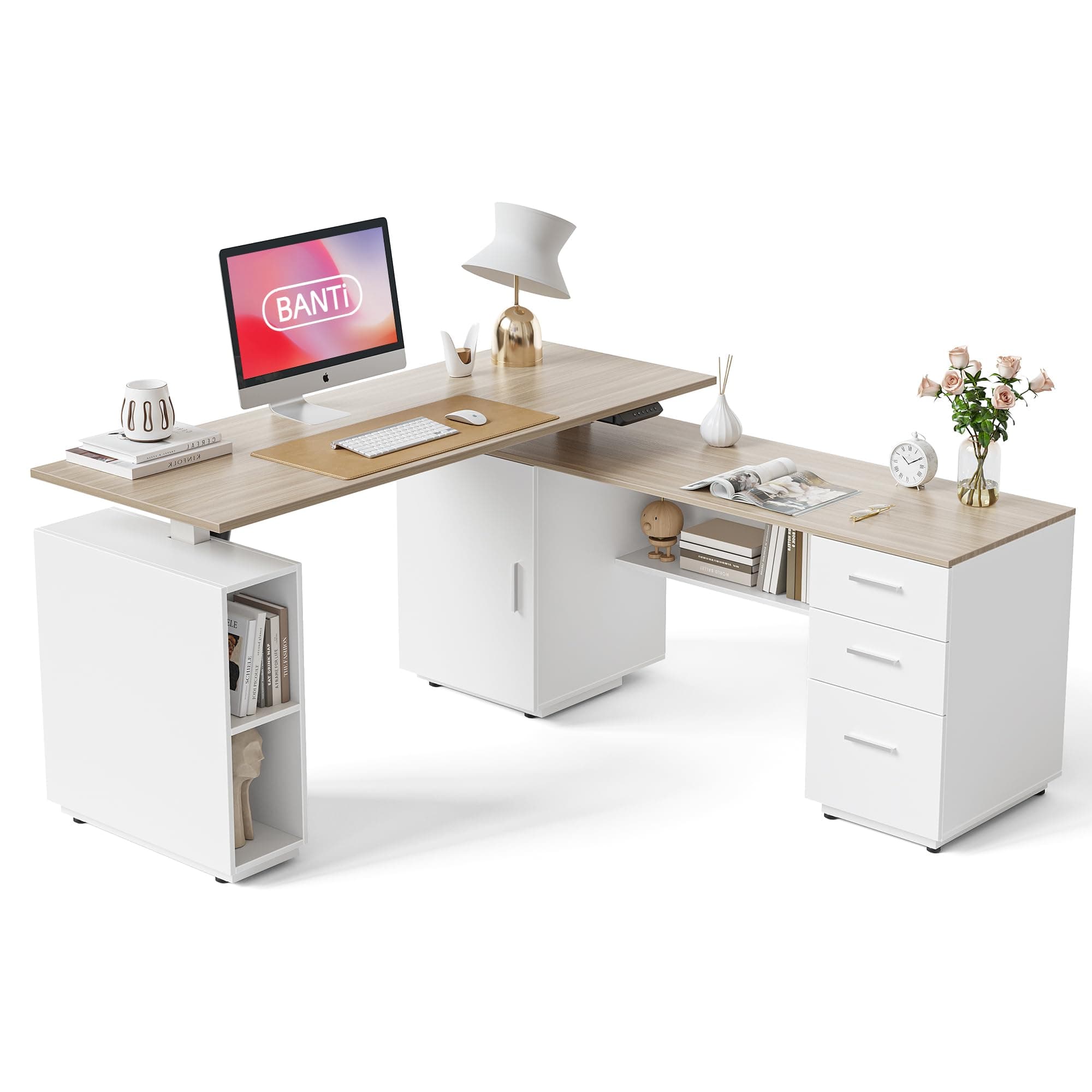 BANTI Executive L Shaped Standing Desk with 3-Drawer File Cabinet, 63" Electric Height Adjustable Stand up Desk for Home Office, Computer Desk with Storage Cabinets, Natural Top
