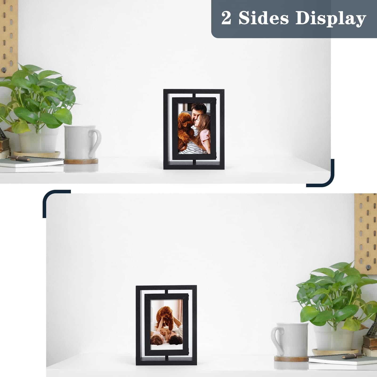 EXYGLO 2 Pack 4x6 Rustic Rotating Floating Picture Frames, Photo Frames for Vertical or Horizontal Tabletop Display, Black