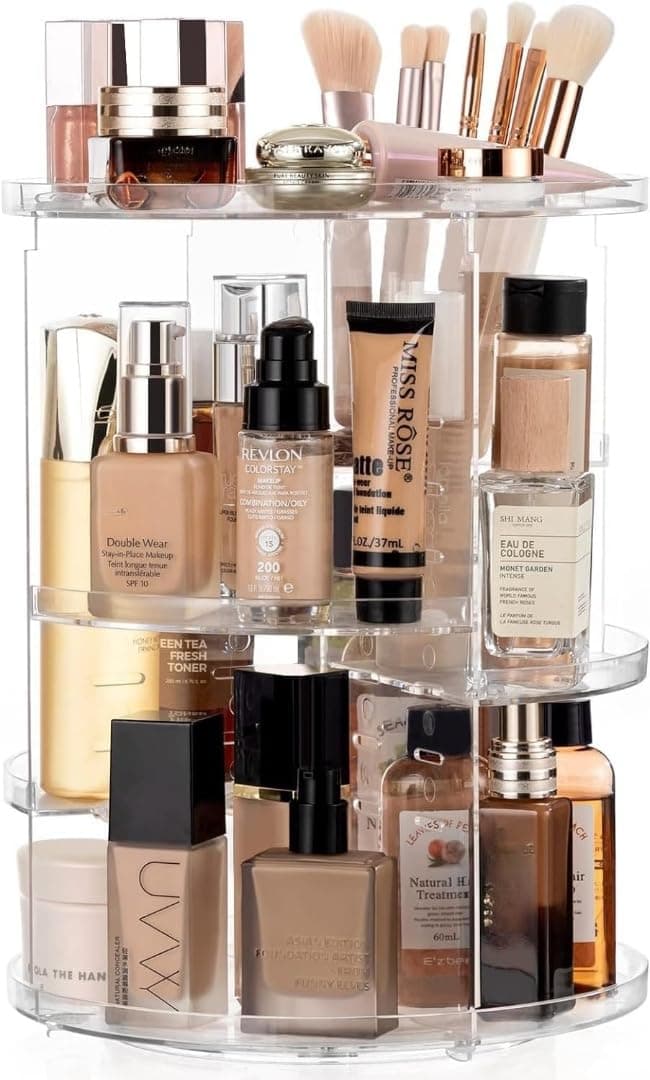 360 Rotating Makeup Organizer, Large Capacity DIY Adjustable Cosmetic Display Organizer, Spinning Perfume Skin Care Organizer for Vanity Countertop, Clear