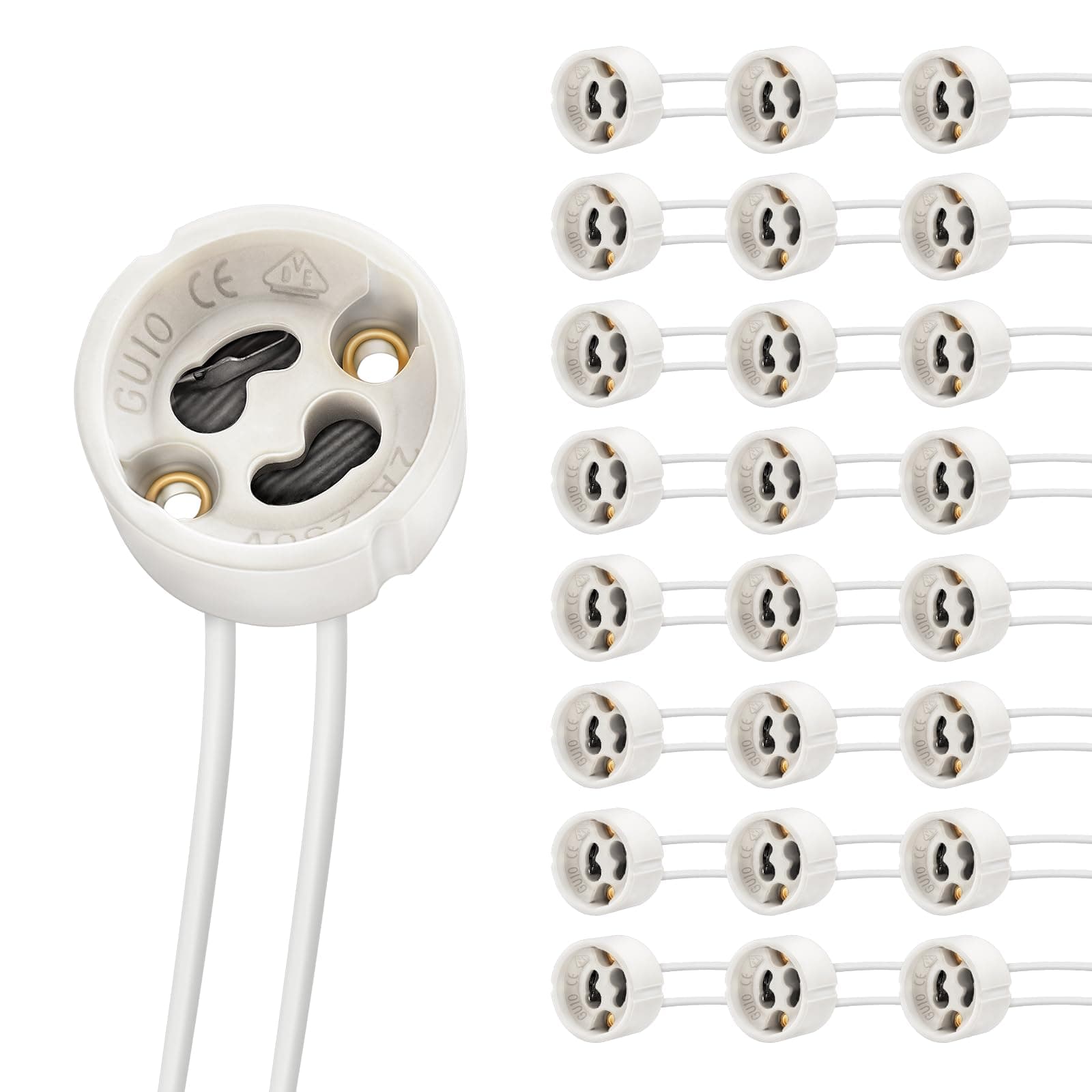 DiCUNO GU10 Base Socket, 600℃ Heat Resistant Maximum 250V 300W, Ceramic Lamp Holder and Silicon Wire Connector 25 Packages