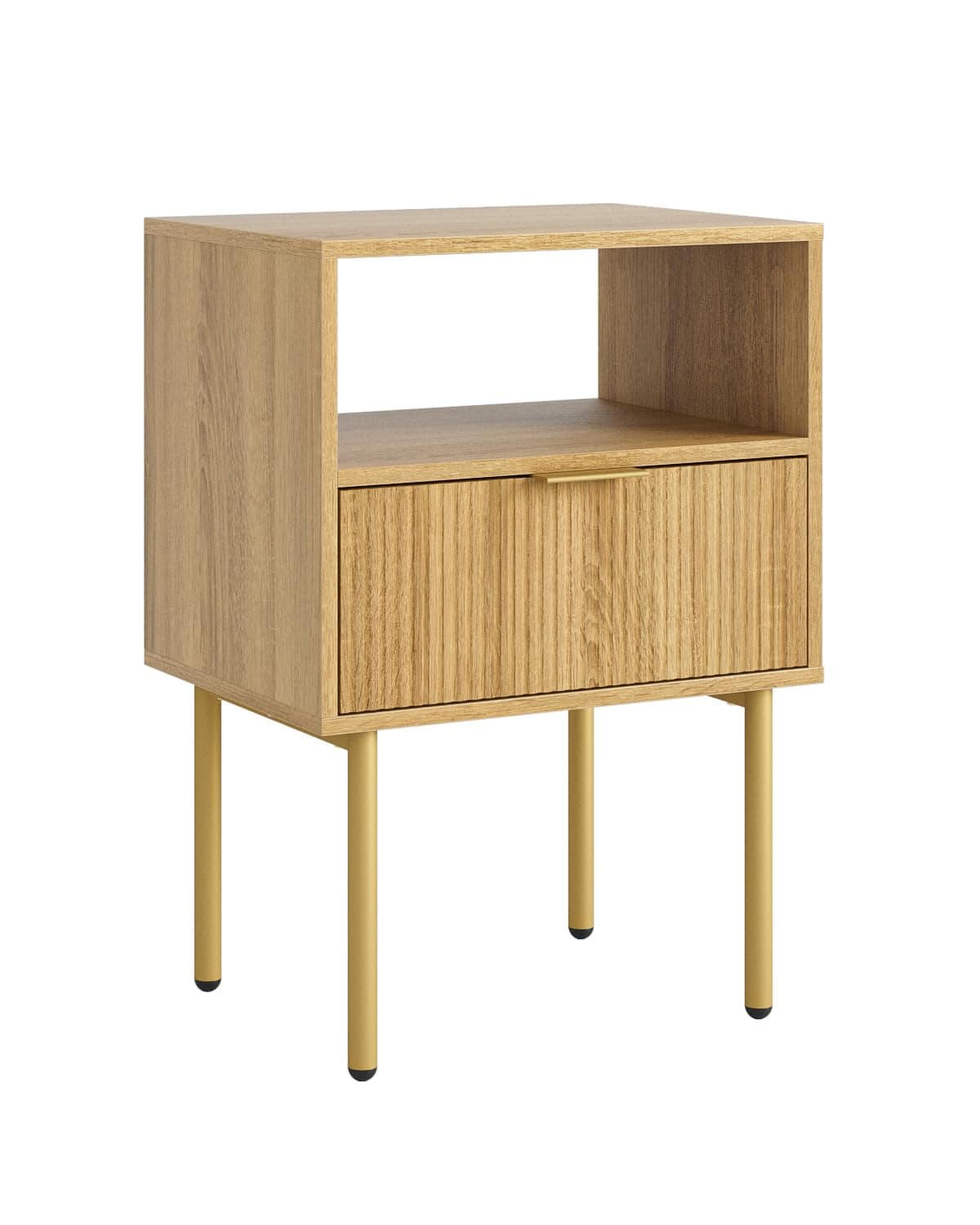 Masupu Night Stand,Mid-Century Modern Bedside Table with Storage Drawer and Open Wood Shelf,Small Gold Frame Side Table for Bedroom,Living Room, Natural