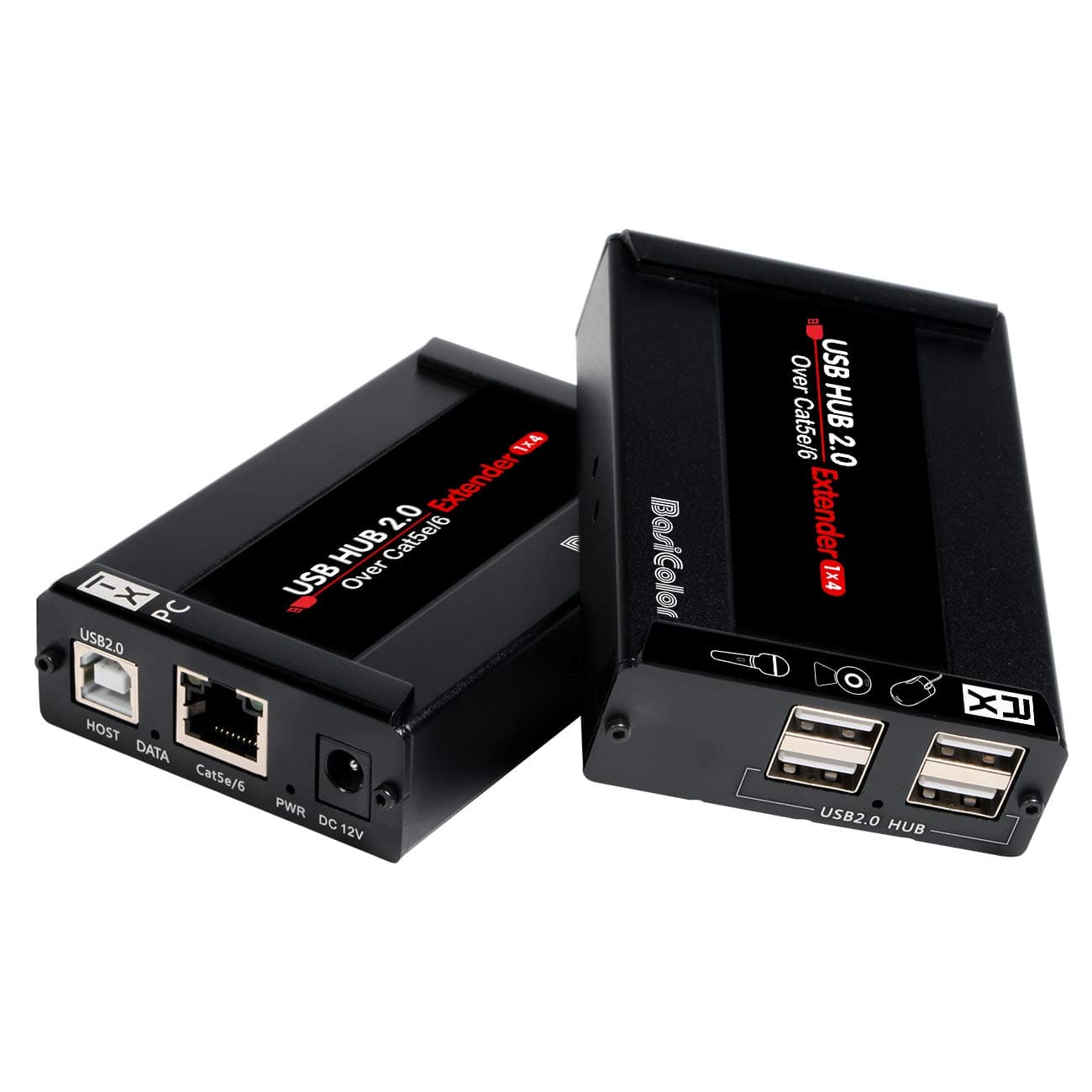 BasicolorUSB Extender Over Cat5e/6 Up to 262Ft.(80m), with 4 USB2.0 Ports Extender, USB Cat5e/6 Webcam Extender, Plug&Play Support All Operating System,Two Web Cameras Work Synchronously.