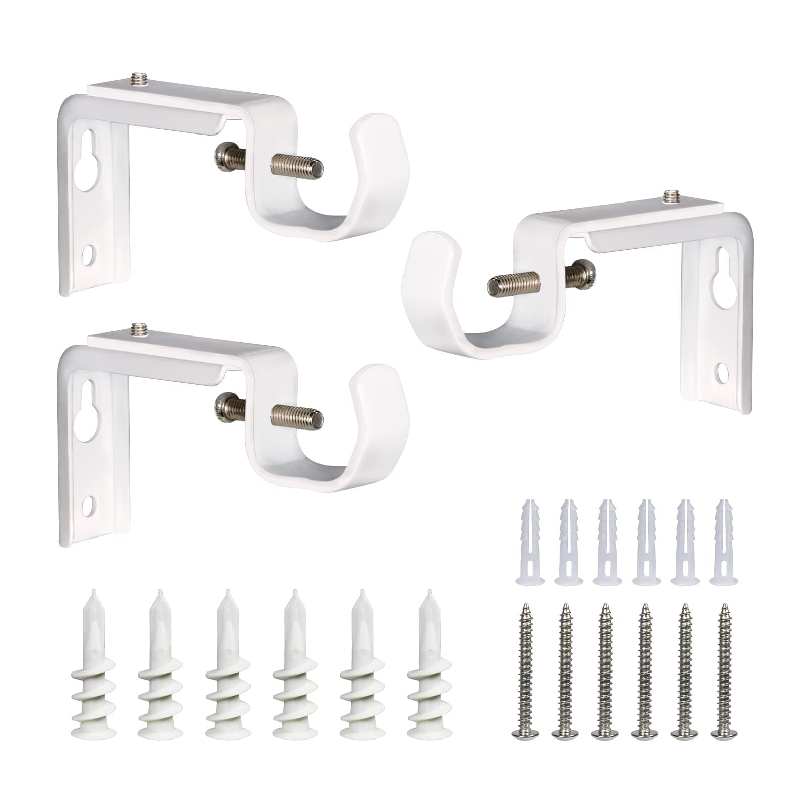 Curtain Rod Bracket Heavy Duty Multifunction Rod Support Adjustable Curtain Rod Holders for Hanging 1/2 Inch or 1 Inch Rods, Set of 3 (White)