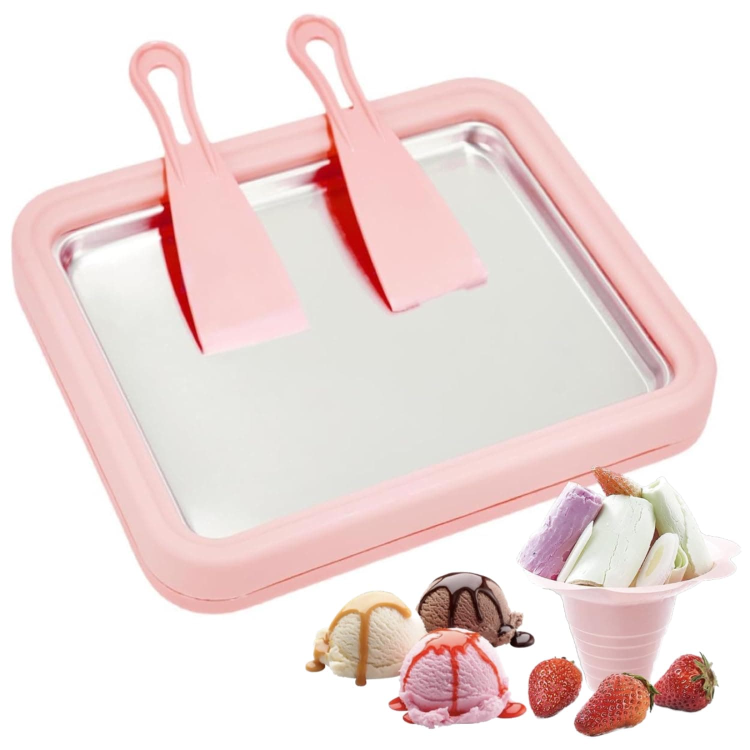 Big Ice Cream Roller Maker,Ice Cream Roll Dessert at Home,Ice Plate Ice Cream Roller Plate Anti-Griddle Pan with 2 Spatulas Easy Homemade Rolled Ice Cream, Frozen Treat Maker (Big Pink)