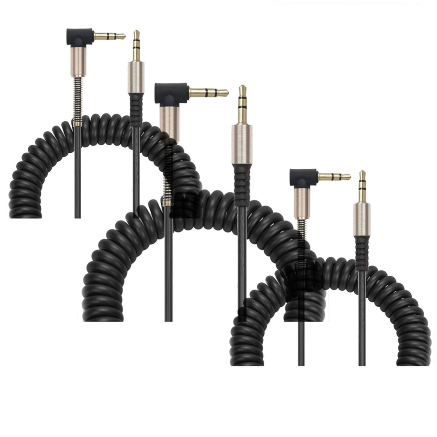 3-Pack of 1-5ft 90 Degree Coiled 3.5mm Audio Cable, 3.5mm Aux Cable Compatible with iPhones, iPads, Samsung and Other 3.5mm DC Plug Port Device, Black