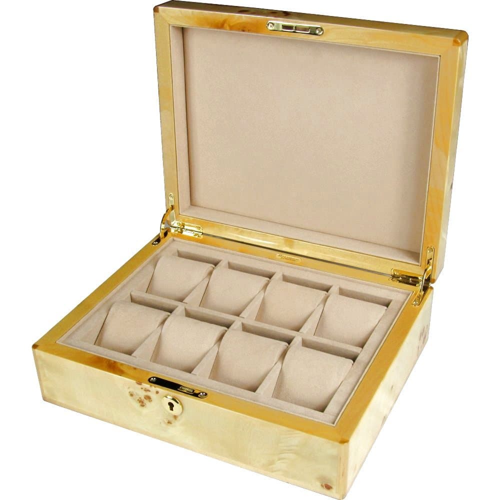 Maple Burl Wood 8 Watch Storage Box with Lock