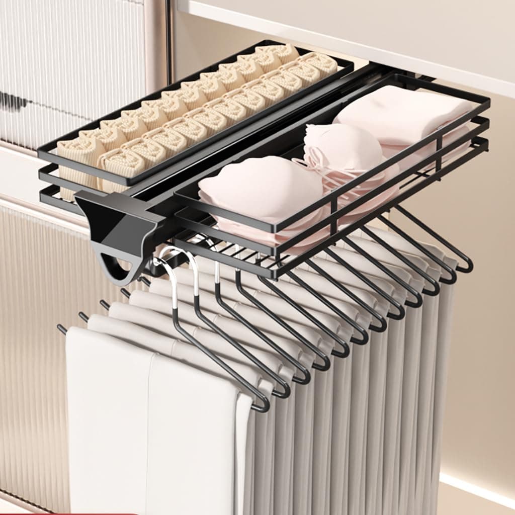 Pull Out Closet Rod with Basket, Closet Clothes Hanger Rail,Wardrobe Clothing Rail Pull Out basket,18 IN Closet Organizer Rack for Pants and Coat,Load 77LBS, black,white, LL-01