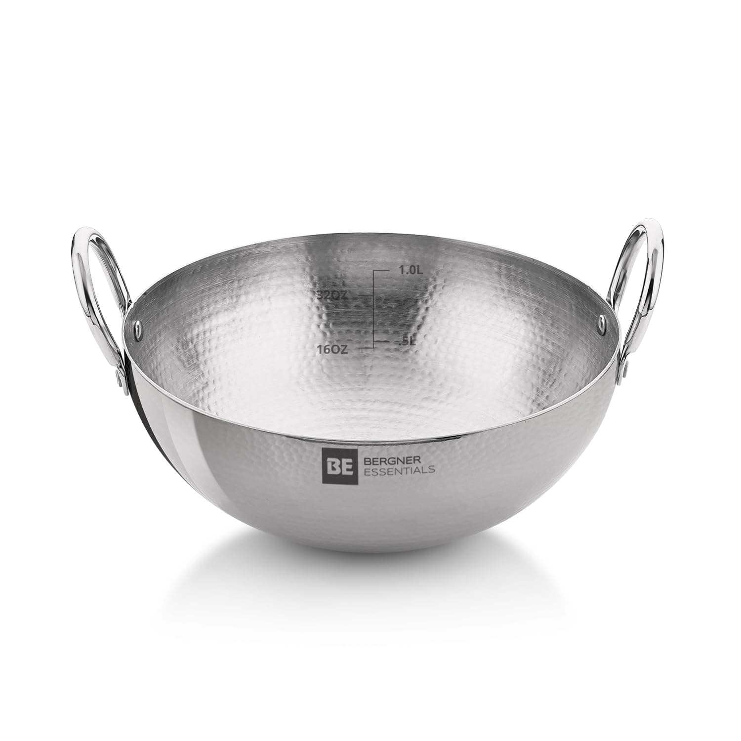 - BERGNER BE Essentials 16 cm Hammered Kadai, 990ml Kadhai Without Lid, Thickness 2.2 mm, Food Safe, Sturdy and Durable, Less Oil Use, Easy to Clean, Gas Stove Compatible, Dishwasher Safe
