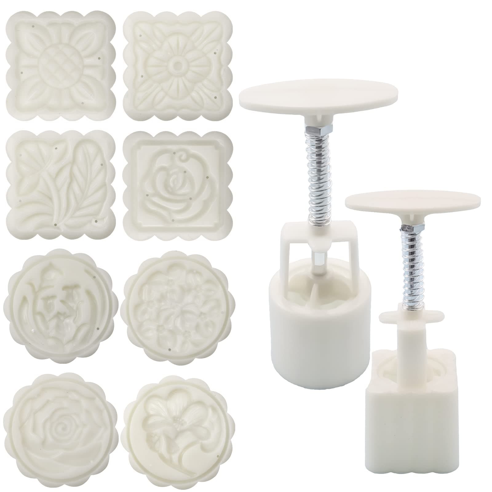 Heatoe 2 Sets Moon Cake Mould Mung Cake Mold, Pattern Hand-Pressure Mooncake Molds for Mid-Autumn, Round And Square DIY Moon Cake Making Tools. (50g 4pcs Round And 4pcs Square Stamp)