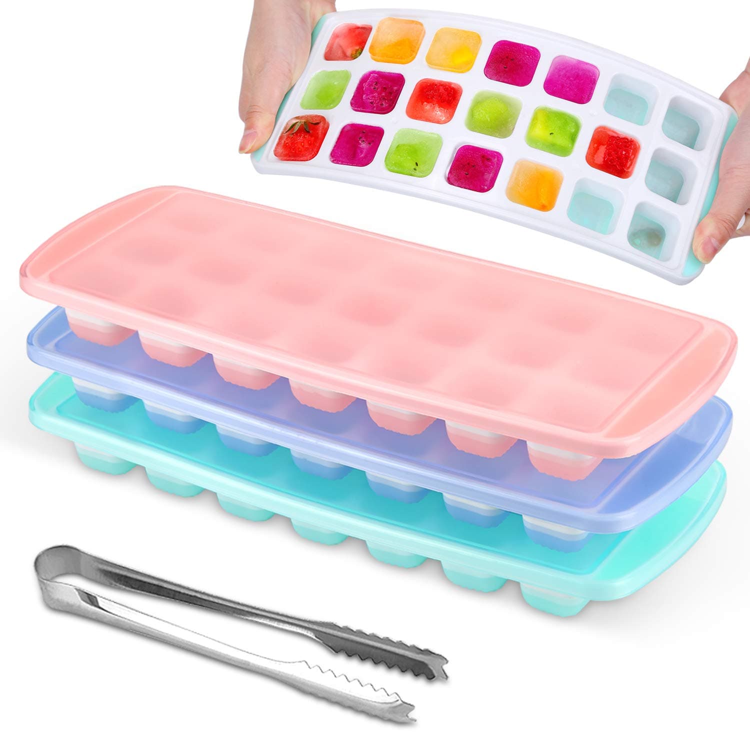 MOSOTCH 3 Packs Ice Cube Tray, Silicone Ice Moulds with Removeable Lids and Ice Clip, Perfect for Chilled Drinks, Fruit Juice, Whiskey and Cocktail, LFGB Certified and BPA Free