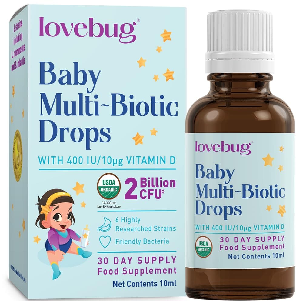 Lovebug Baby Probiotic Drops – 2 Billion CFU Multi-Strain Formula with Vitamin D (400 IU) - Tasteless & Sugar-Free Liquid Drops for Newborns, Babies and Infants (0-24 Months) - 30 Day Supply