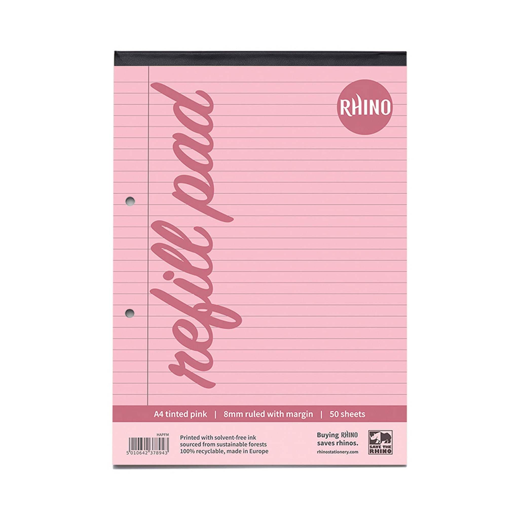 RHINO A4 Refill Pad, Writing Pad, 100-Page / 8mm Lined with Margin, 1-Pack, Pink Lined Writing Paper for Dyslexia & SEN, Office & School Stationery Supplies