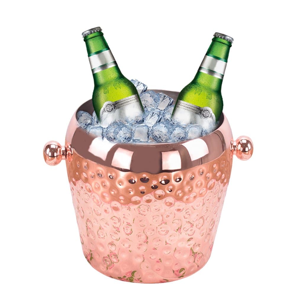 Stainless Steel Ice Bucket Copper Plating Single-Layer Hammer Points Metal Ice Bucket Bar Supplies Stainless Steel Ice Wine Barrel (Rose Gold)